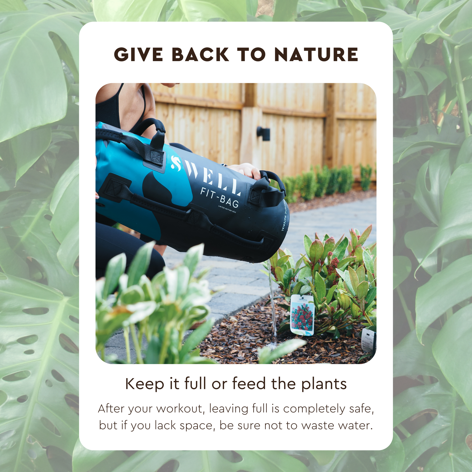 A person emptying the Swell Fit Bag, repurposing the water to hydrate plants. Showcasing the eco-friendly design, reducing water waste while maintaining a sustainable fitness routine.