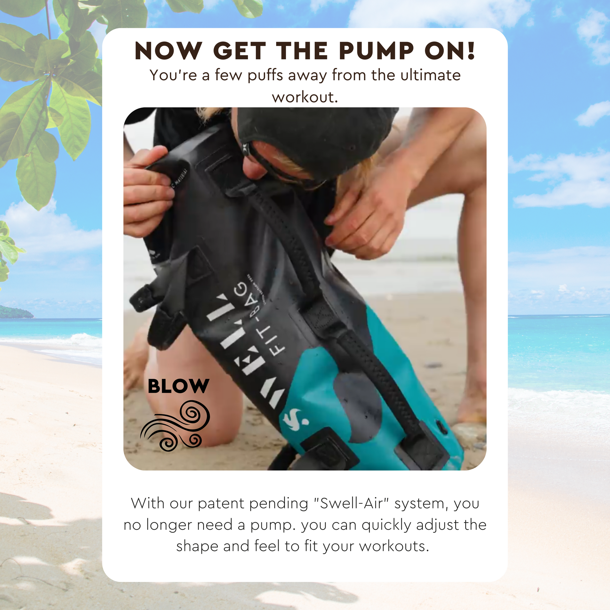 A man inflating the Swell Fit Bag using only his breath, demonstrating the pump-free design for easy setup. The bag’s innovative air valve system allows for quick and efficient inflation anywhere.