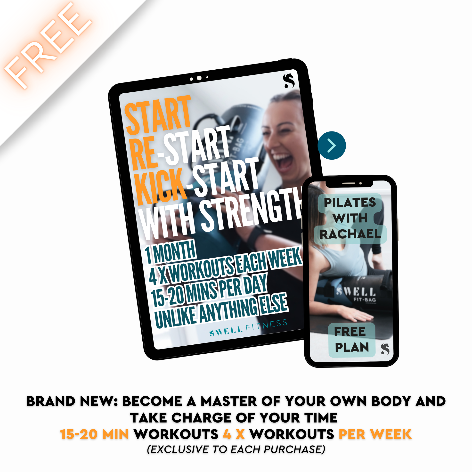 A digital graphic showcasing the Start with Strength program, a 4-week training plan included free with every Swell Fit Bag order. Features 4 x 20-minute workouts per week, designed for strength, mobility, and core stability.