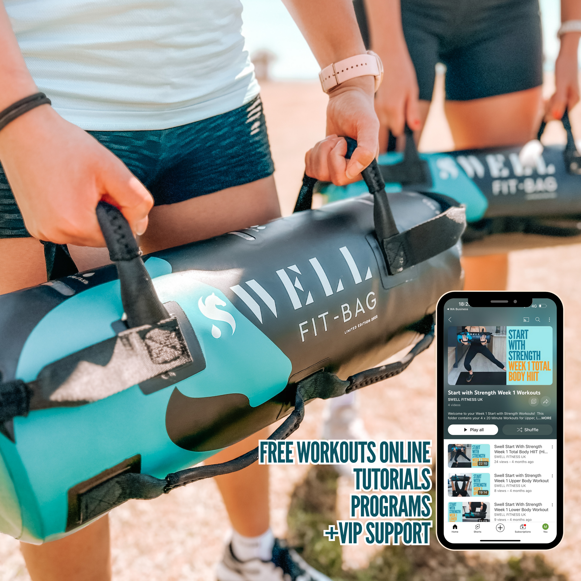 Close-up of the Swell Fit Bag held by two people (out of frame) with a small phone screen displaying follow-along workouts, highlighting guided training support.