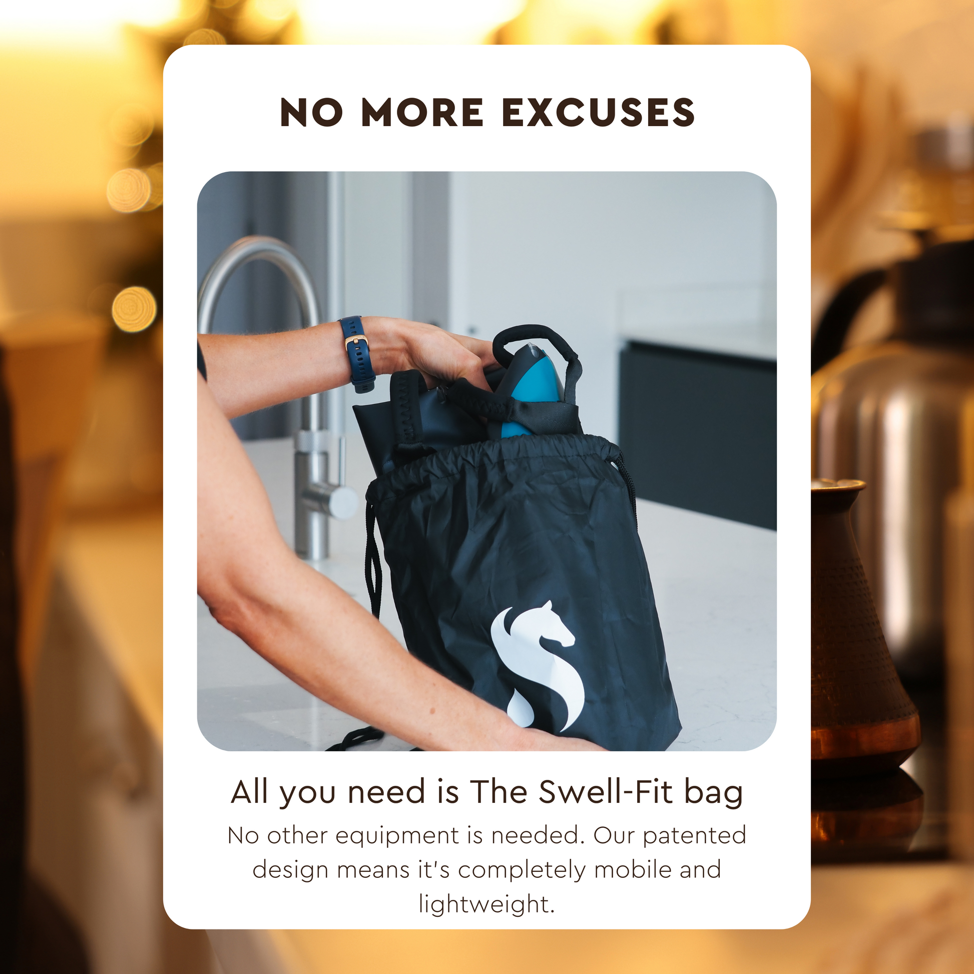 A person pulling the folded Swell Fit Bag out of its drawstring storage bag, showcasing its compact size and portability for easy travel and storage.