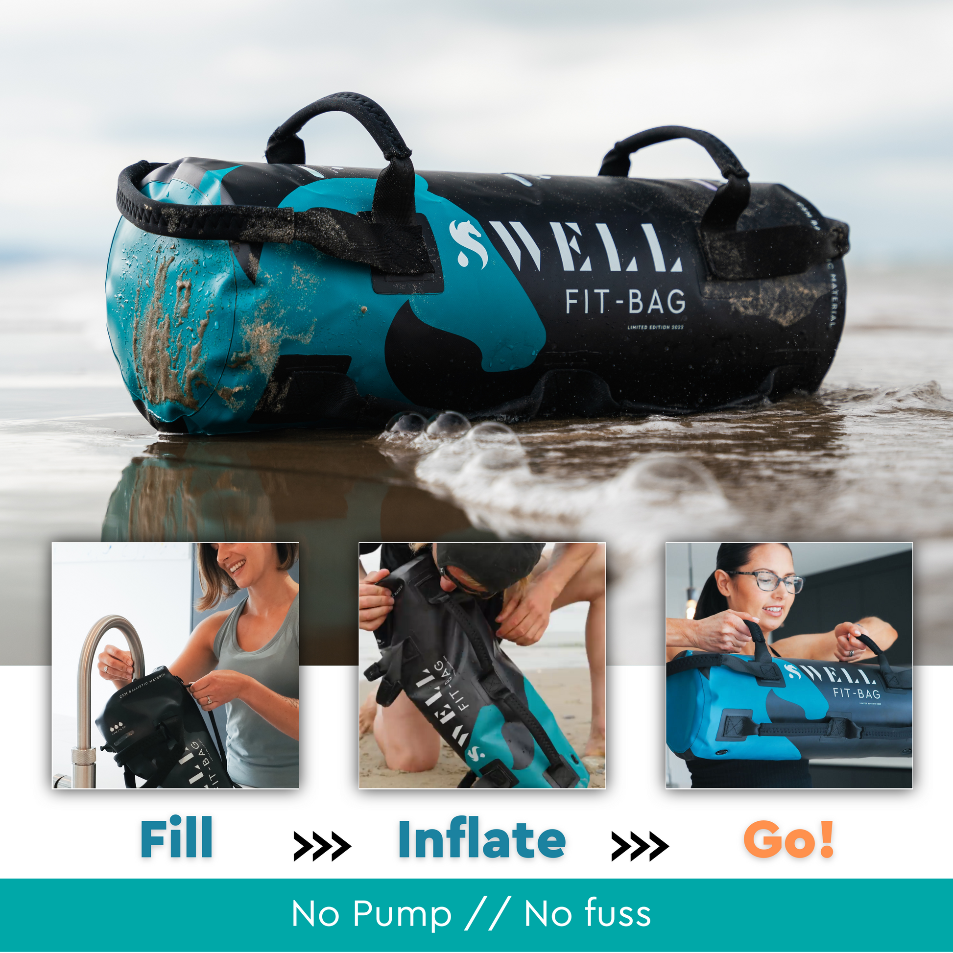 swell fit bag shown in its three stages from unfolding, to filling from a tap, inflating by mouth, then ready to workout anywhere