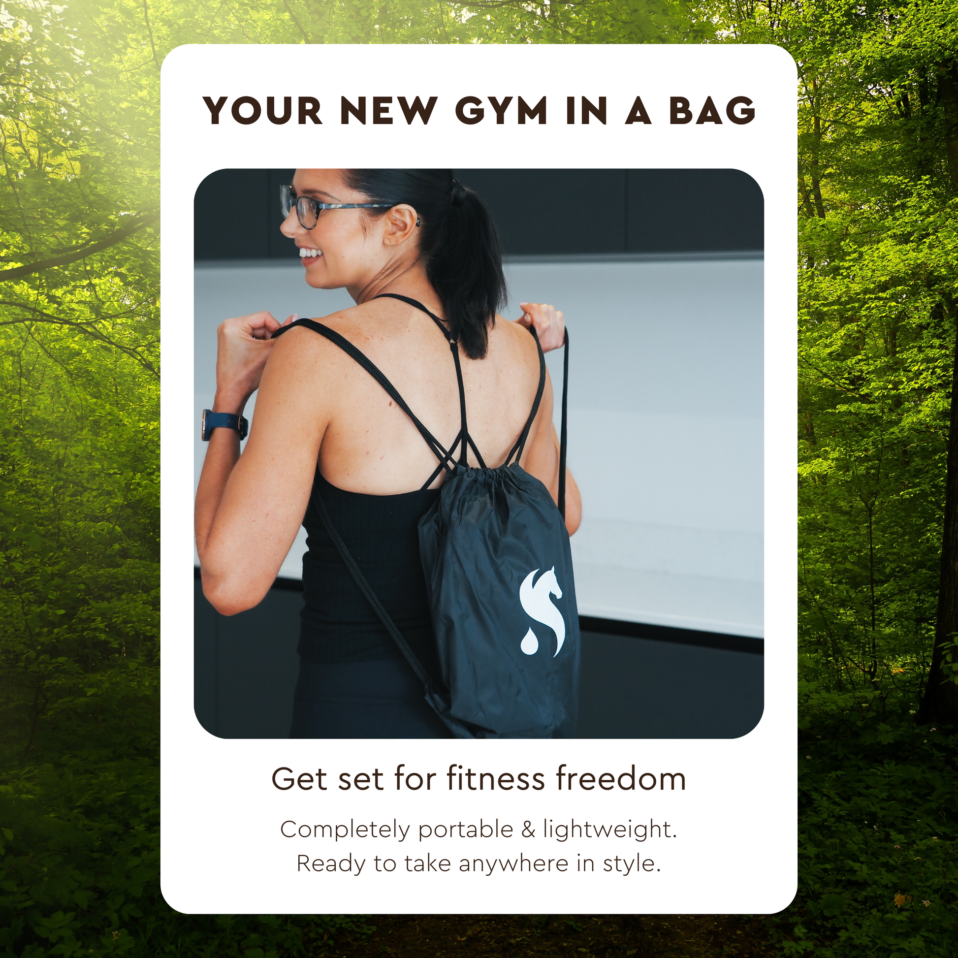 the swell fit bag in its draw string carry bag ready to be taken anywhere to workout any time for complete control folded into a compact size for easy travel, storage, and convenience.